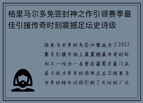 格里马尔多免签封神之作引领赛季最佳引援传奇时刻震撼足坛史诗级