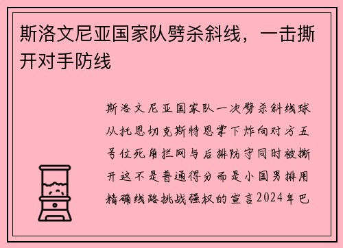 斯洛文尼亚国家队劈杀斜线，一击撕开对手防线